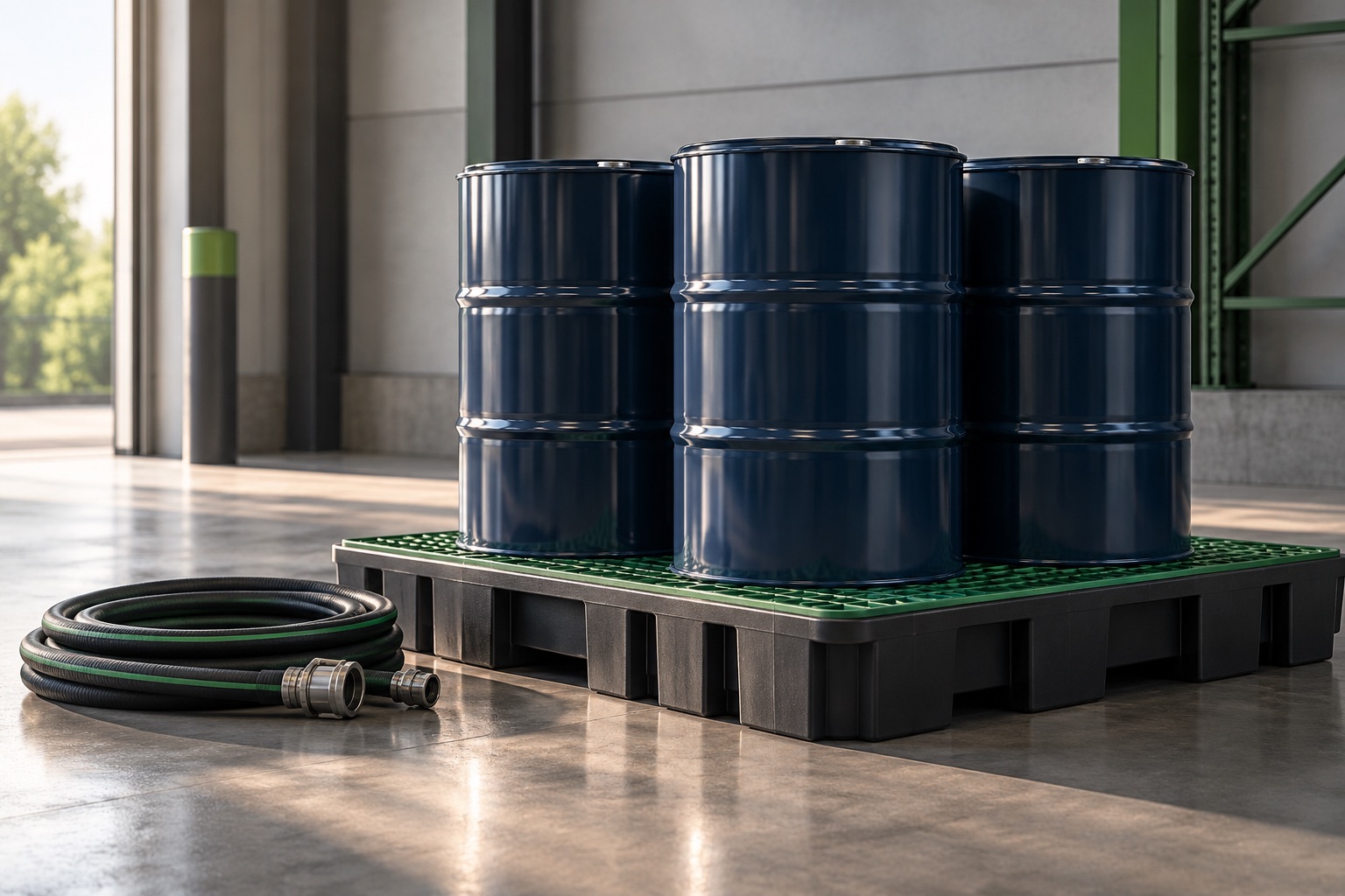 Closed drums on a containment pallet