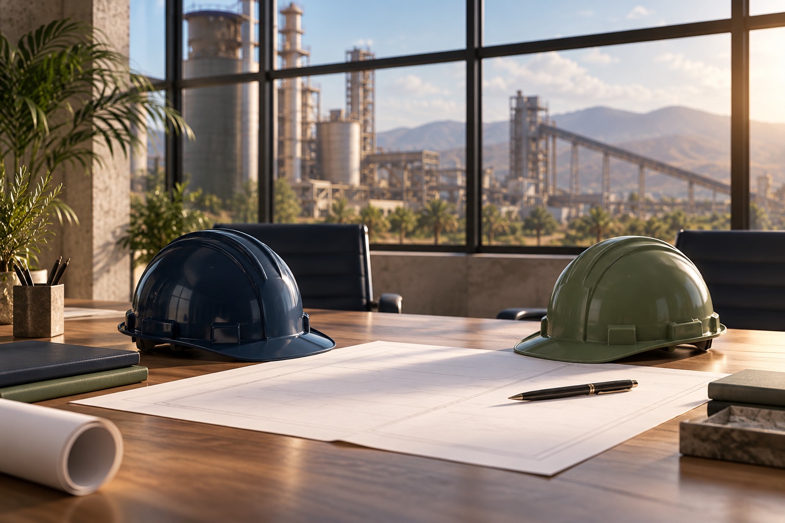 Hard hats and planning documents for a business partnership
