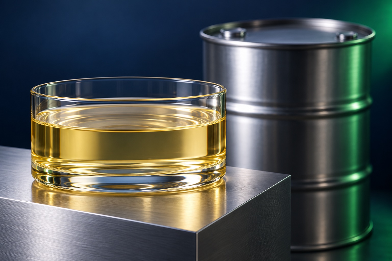 Pale oil and steel drum in an editorial composition